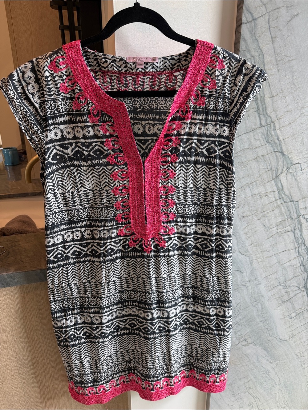 Calypso St. Barth Black & White Patterned Tunic with Pink Trim